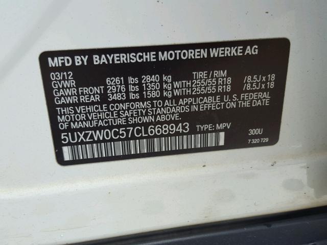 5UXZW0C57CL668943 - 2012 BMW X5 XDRIVE3 WHITE photo 10