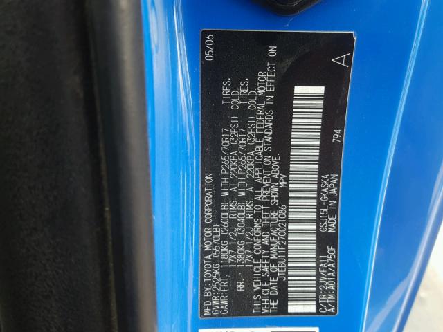 JTEBU11F270021086 - 2007 TOYOTA FJ CRUISER BLUE photo 10