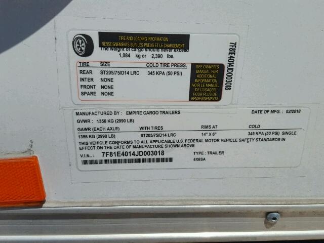 7F81E4014JD003018 - 2018 UTILITY TRAILER WHITE photo 10