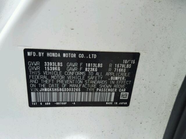 JHMGK5H58GX003265 - 2016 HONDA FIT LX WHITE photo 10