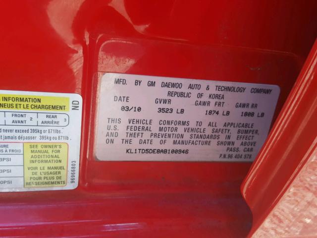 KL1TD5DE8AB100946 - 2010 CHEVROLET AVEO LS RED photo 10