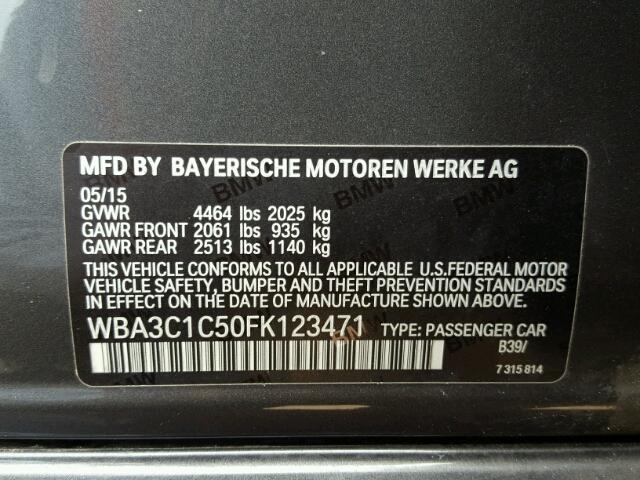 WBA3C1C50FK123471 - 2015 BMW 328I SULEV GRAY photo 10