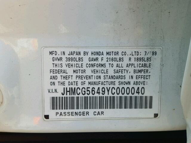 JHMCG5649YC000040 - 2000 HONDA ACCORD WHITE photo 10