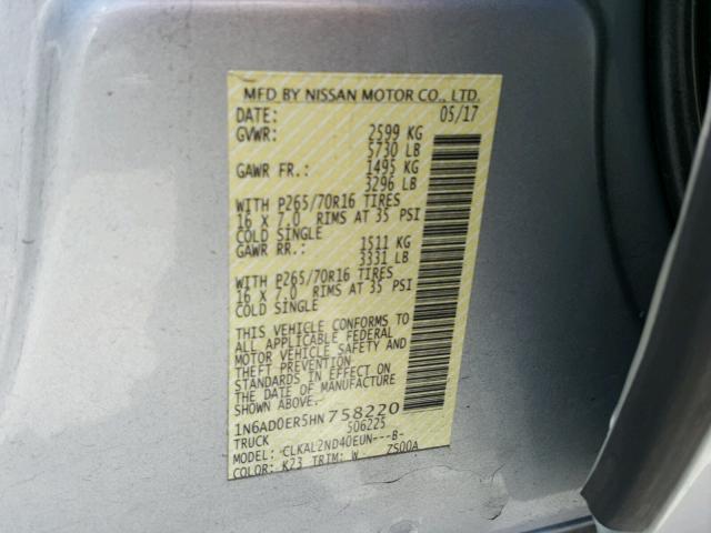 1N6AD0ER5HN758220 - 2017 NISSAN FRONTIER S SILVER photo 10