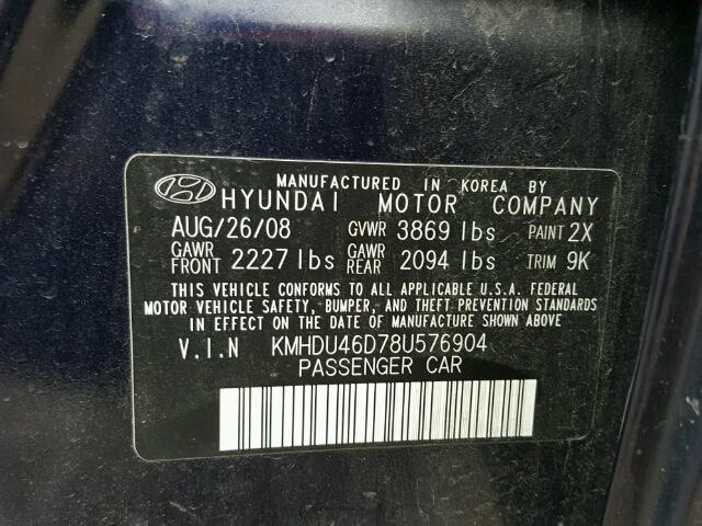 KMHDU46D78U576904 - 2008 HYUNDAI ELANTRA GL BLUE photo 10