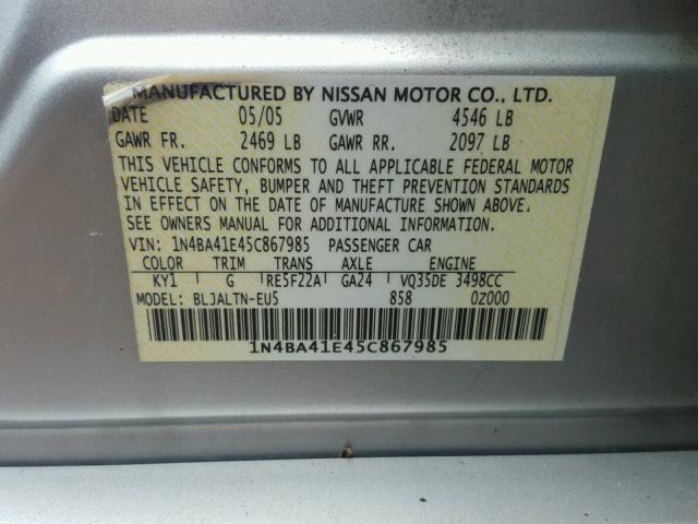 1N4BA41E45C867985 - 2005 NISSAN MAXIMA SE SILVER photo 10