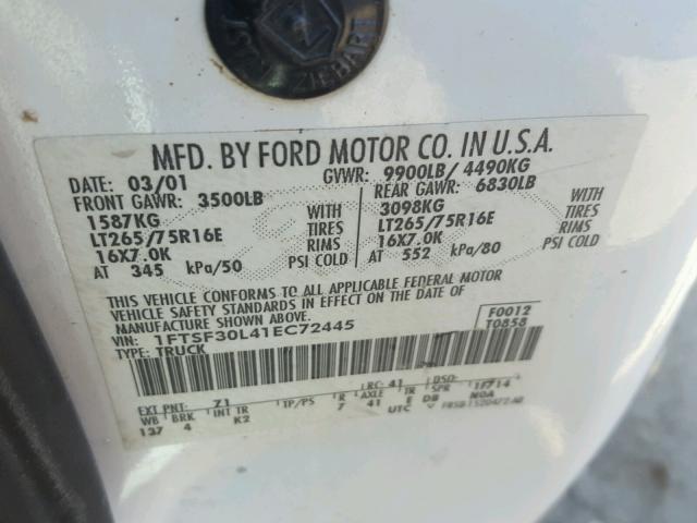 1FTSF30L41EC72445 - 2001 FORD F350 SRW S WHITE photo 10