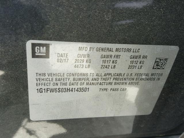 1G1FW6S03H4143501 - 2017 CHEVROLET BOLT EV LT CHARCOAL photo 10
