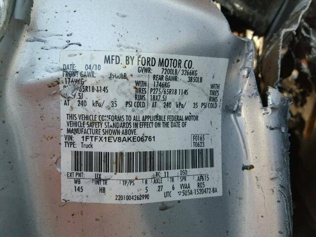 1FTFX1EV8AKE06761 - 2010 FORD F150 SUPER SILVER photo 10