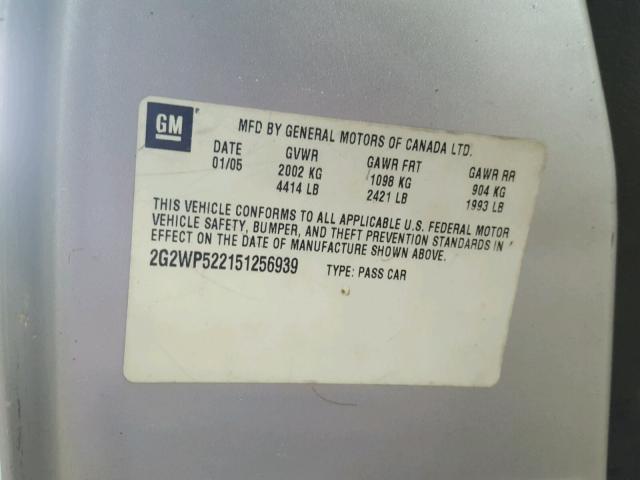 2G2WP522151256939 - 2005 PONTIAC GRAND PRIX SILVER photo 10