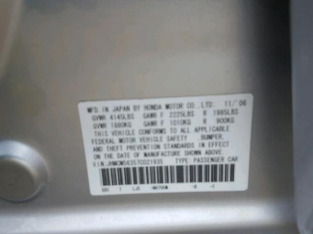 JHMCM56357C021935 - 2007 HONDA ACCORD SE SILVER photo 10