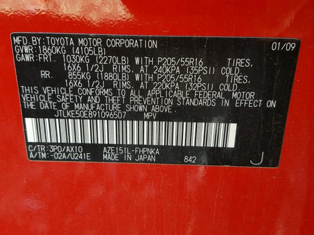 JTLKE50E891096507 - 2009 TOYOTA SCION XB RED photo 10