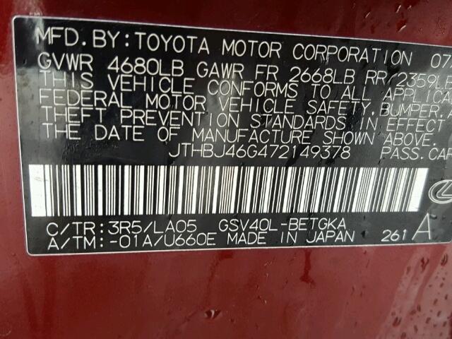 JTHBJ46G472149378 - 2007 LEXUS ES 350 BURGUNDY photo 10