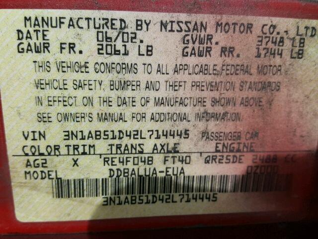 3N1AB51D42L714445 - 2002 NISSAN SENTRA SE- RED photo 10