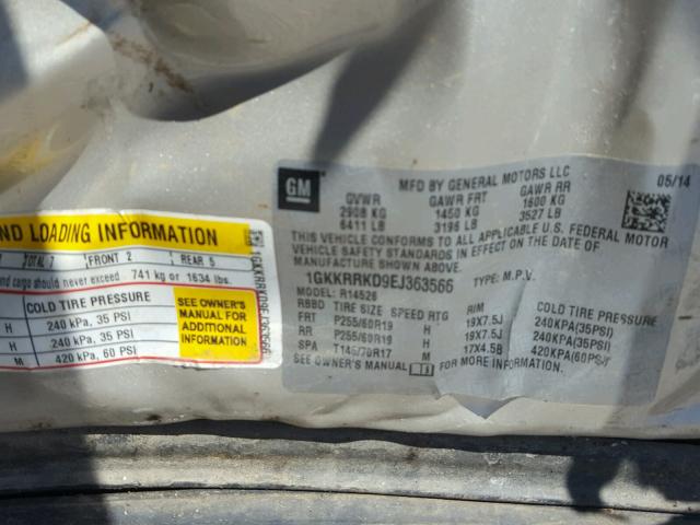 1GKKRRKD9EJ363566 - 2014 GMC ACADIA SLT ბეჟი ფოტო 10