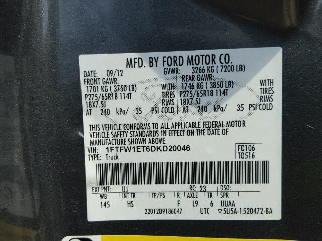 1FTFW1ET6DKD20046 - 2013 FORD F150 SUPER GRAY photo 10