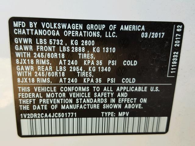 1V2DR2CA4JC501771 - 2018 VOLKSWAGEN ATLAS SE WHITE photo 10