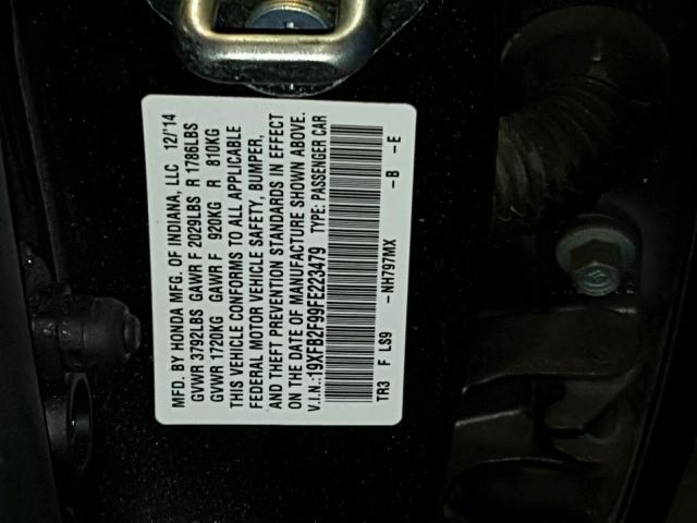 19XFB2F99FE223479 - 2015 HONDA CIVIC EXL ნაცრისფერი ფოტო 10