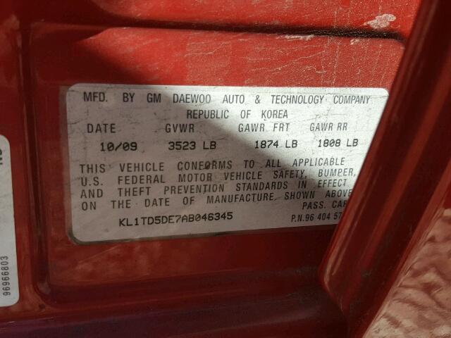 KL1TD5DE7AB046345 - 2010 CHEVROLET AVEO LS RED photo 10
