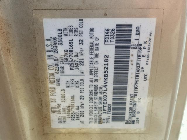 1FTEX07L4VKB52182 - 1997 FORD F150 GOLD photo 10