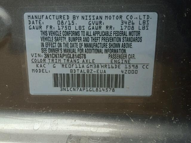 3N1CN7AP1GL814578 - 2016 NISSAN VERSA S GRAY photo 10