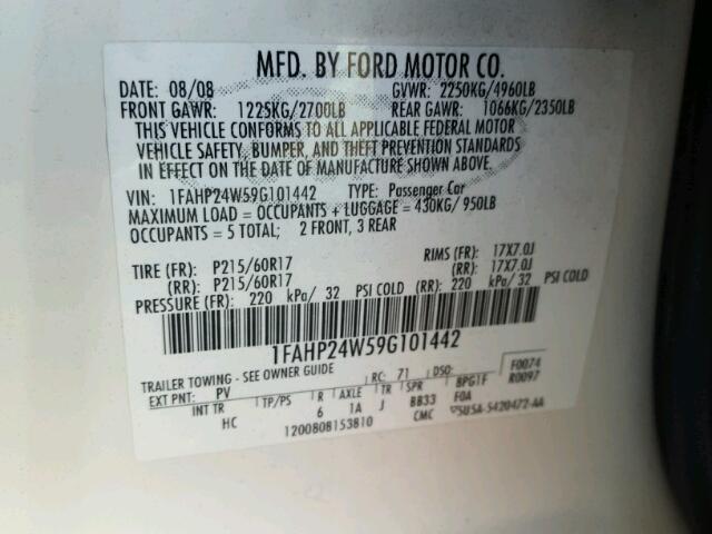 1FAHP24W59G101442 - 2009 FORD TAURUS SEL WHITE photo 10