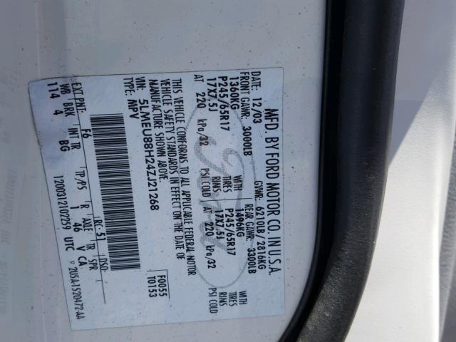 5LMEU88H24ZJ21268 - 2004 LINCOLN AVIATOR WHITE photo 10