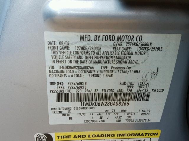 1FMDK06W28GA08266 - 2008 FORD TAURUS X L BLUE photo 10