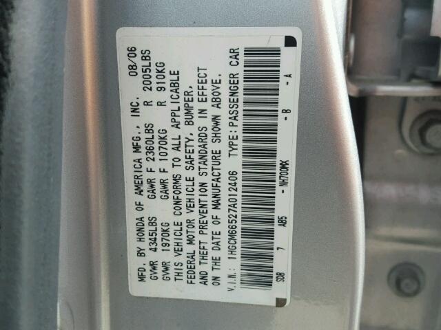 1HGCM66527A012406 - 2007 HONDA ACCORD EX SILVER photo 10