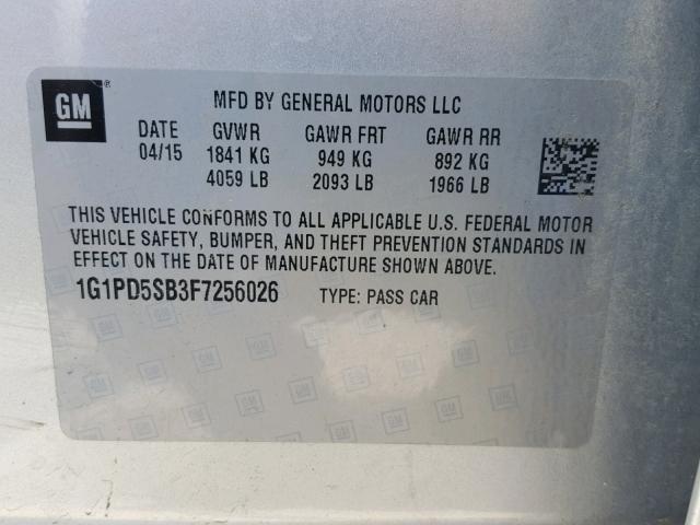 1G1PD5SB3F7256026 - 2015 CHEVROLET CRUZE LT SILVER photo 10