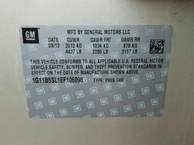 1G11B5SL1EF106098 - 2014 CHEVROLET MALIBU LS ოქროსფერი ფოტო 10