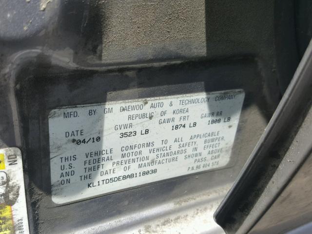 KL1TD5DE8AB118038 - 2010 CHEVROLET AVEO LS GRAY photo 10