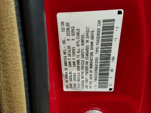 1HGCS12768A012703 - 2008 HONDA ACCORD EX 红色 照片 10