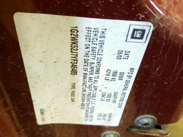 1G2WK52J7YF346485 - 2000 PONTIAC GRAND PRIX RED photo 10