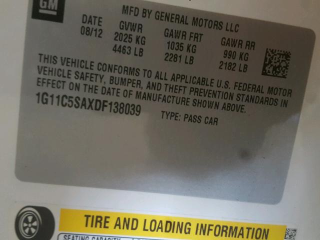 1G11C5SAXDF138039 - 2013 CHEVROLET MALIBU 1LT 白色 照片 10