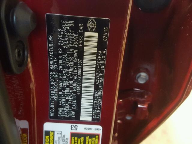 4T1B61HK8JU604307 - 2018 TOYOTA CAMRY XSE RED photo 10