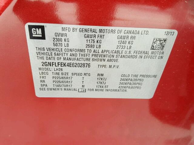 2GNFLFEK4E6202876 - 2014 CHEVROLET EQUINOX LT RED photo 10