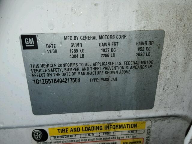 1G1ZG57B494217508 - 2009 CHEVROLET MALIBU LS თეთრი ფოტო 10