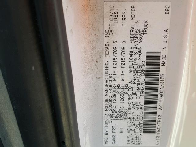 5TFTX4CN7FX060087 - 2015 TOYOTA TACOMA ACC თეთრი ფოტო 10