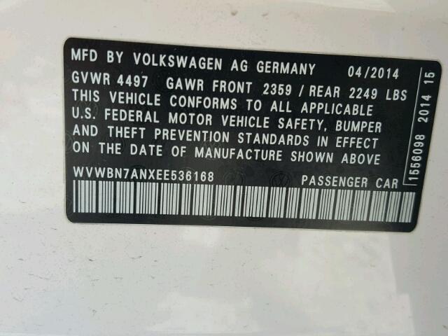 WVWBN7ANXEE536168 - 2014 VOLKSWAGEN CC SPORT WHITE photo 10