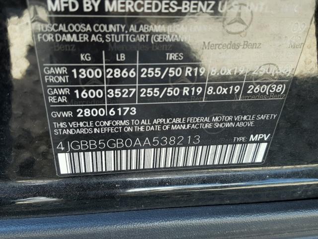 4JGBB5GB0AA538213 - 2010 MERCEDES-BENZ ML 350 BLACK photo 10