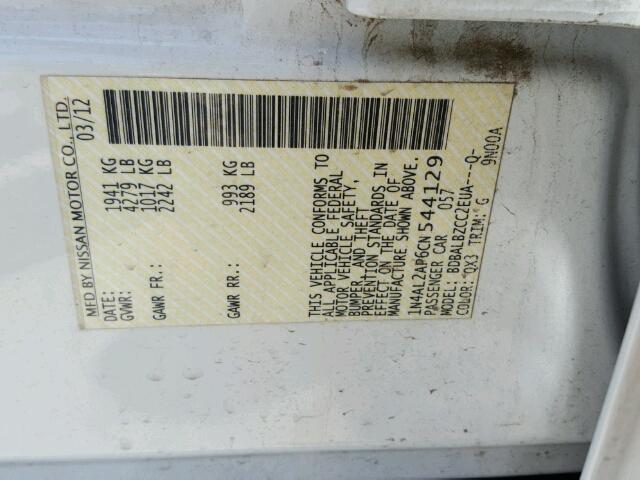 1N4AL2AP6CN544129 - 2012 NISSAN ALTIMA WHITE photo 10