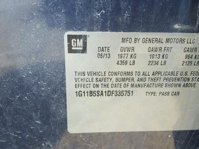 1G11B5SA1DF335751 - 2013 CHEVROLET MALIBU LS Сұр фото 10