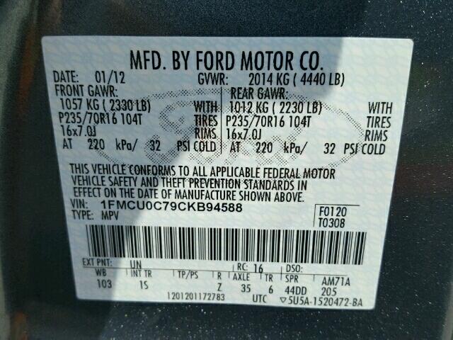 1FMCU0C79CKB94588 - 2012 FORD ESCAPE XLS BLUE photo 10