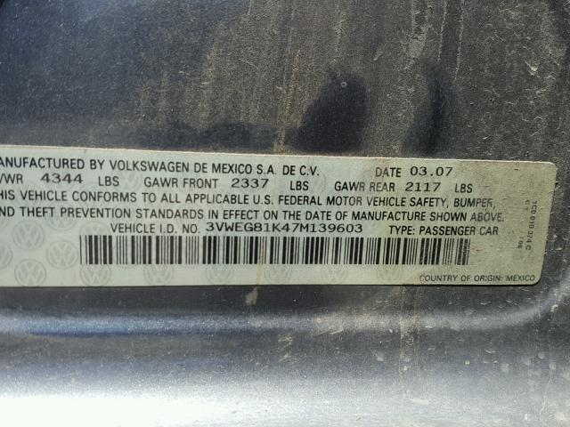 3VWEG81K47M139603 - 2007 VOLKSWAGEN JETTA WOLF GRAY photo 10