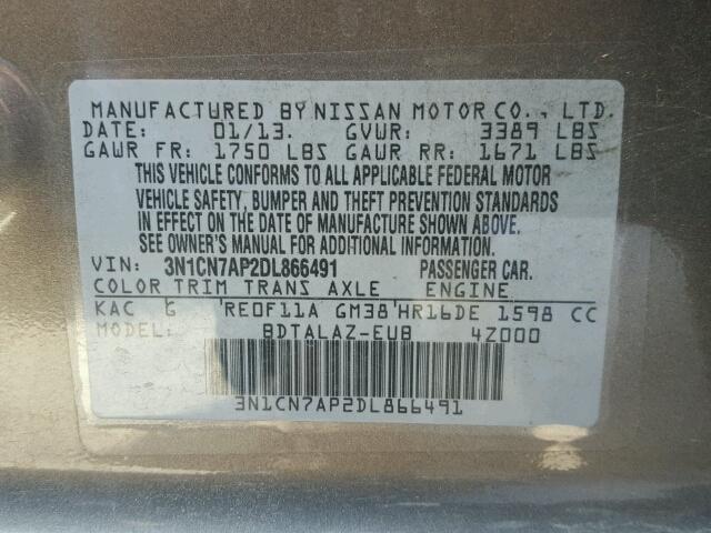 3N1CN7AP2DL866491 - 2013 NISSAN VERSA GRAY photo 10