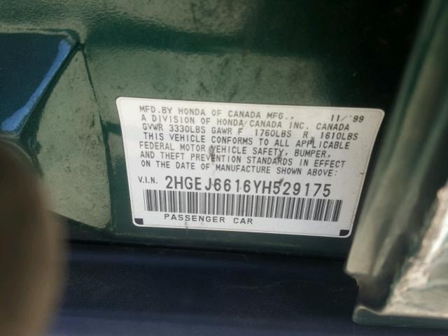 2HGEJ6616YH529175 - 2000 HONDA CIVIC BASE GREEN photo 10