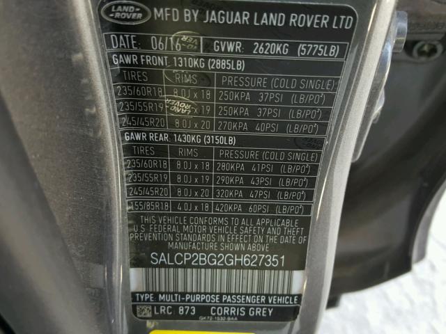 SALCP2BG2GH627351 - 2016 LAND ROVER DISCOVERY GRAY photo 10