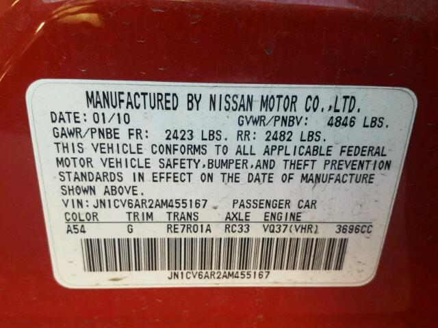 JN1CV6AR2AM455167 - 2010 INFINITI G37 RED photo 10