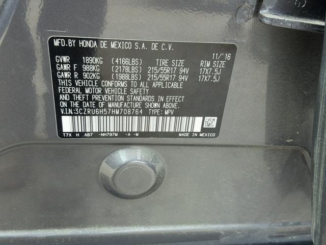 3CZRU6H57HM708764 - 2017 HONDA HR-V EX GRAY photo 10